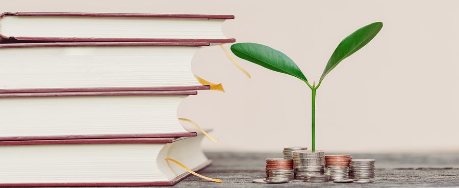 books, coins, green plant; save money