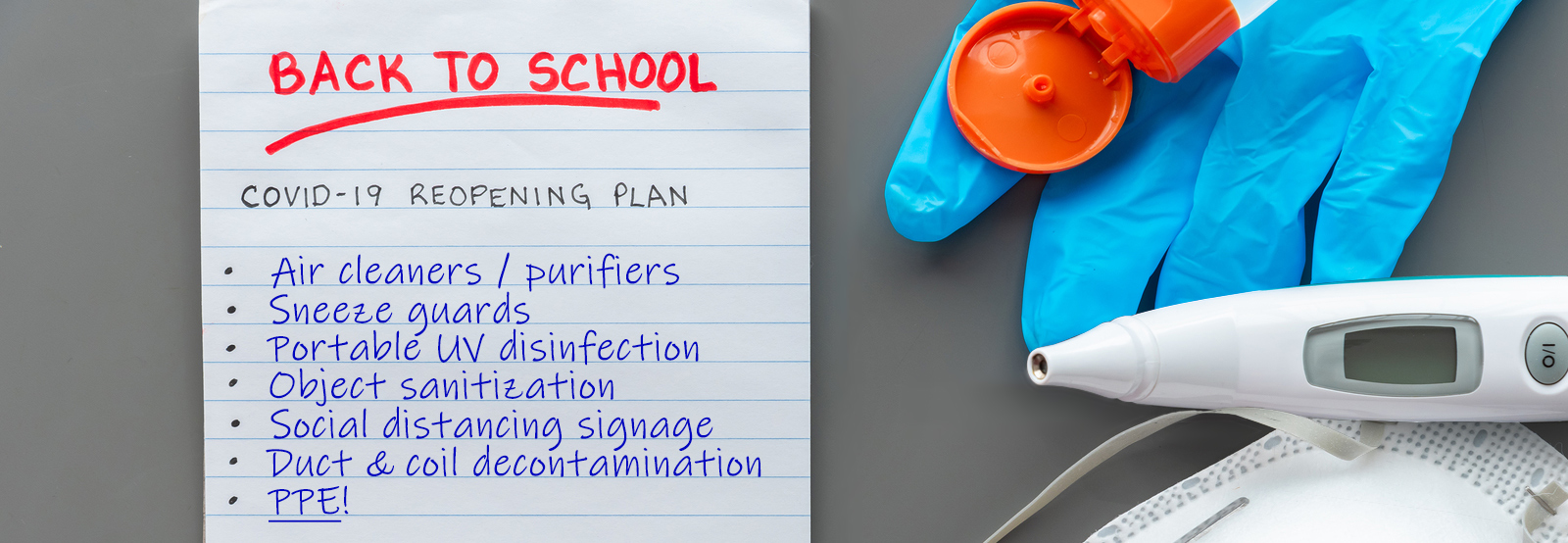 Covid Back To School checklist with PPE; healthy buildings